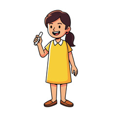 Smiling girl in yellow dress holds a chalk.