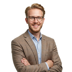 Smiling blond man in jacket with arms crossed portrait isolated on transparent background
