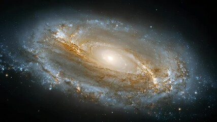 Rotating Spiral Galaxy with Bright Core and Dust Lanes in the Cosmos - Powered by Adobe