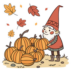 Cute gnome character, autumn leaves, pumpkins, harvest season, whimsical, colorful, hand-drawn style, digital illustration, cartoon, vector graphics
