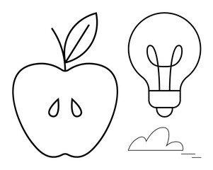 Apple with leaf, visible seeds, lightbulb, and small cloud outline. Ideal for innovation, creativity, education, sustainability science health and minimalism. Simple flat metaphor