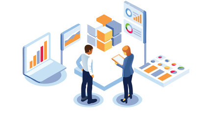 Isometric view of a man analyzing data on screens and documents in a modern office setting area