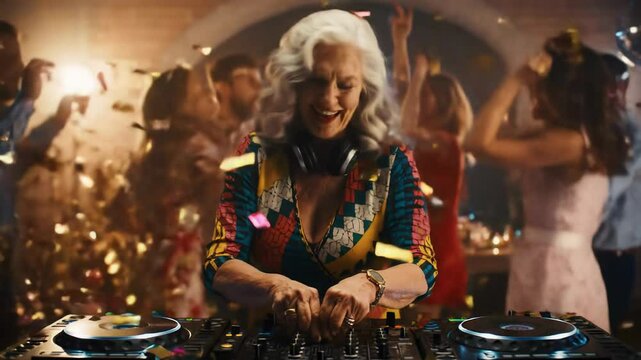 Grandma DJing at a lively birthday party surrounded by dancing guests