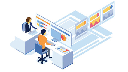 Isometric view of two people discussing data charts and graphs on a screen and tables around them