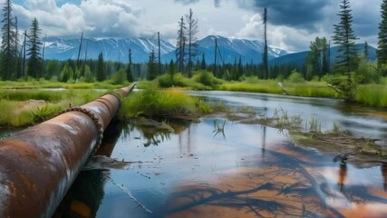 Landscape with a mountain range, forest and a river with a pipe running through it. Suitable for environmental projects, nature documentaries and conservation presentations.

