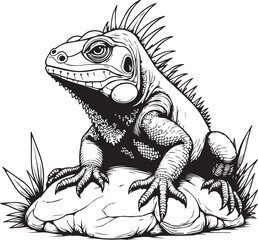 Fototapeta premium Iguana's Posed Majesty: An iguana, perched on a textured rock amid subtle botanical details, stands as a symbol of reptilian grace and evolutionary resilience.
