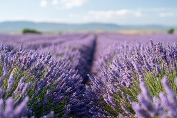 Obraz premium Lavender fields stretch endlessly under clear blue sky, showcasi