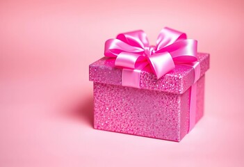 Fototapeta premium Pink sparkling gift box with a satin bow, pastel background, gift-giving, wonder