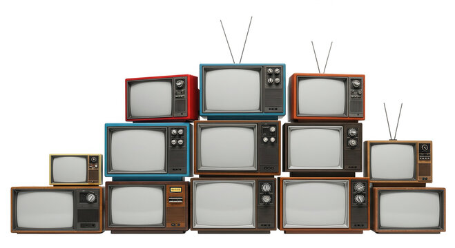 Pile of vintage televisions stacked together isolated on transparent background