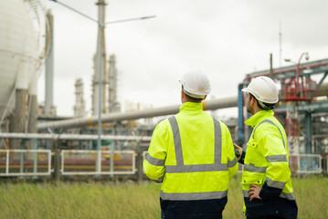 Engineers wearing safety gear discussing work at an oil refinery plant. Industrial background with metal structures and pipelines. Professional teamwork and communication in the energy indust