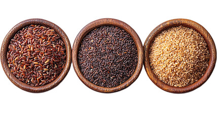 Three wooden bowls filled with different types of rice