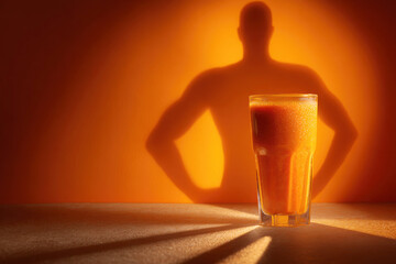 Glass of orange smoothie casting strong muscular human shadow on wall, symbolizing strength, health, energy, and fitness. Copy space