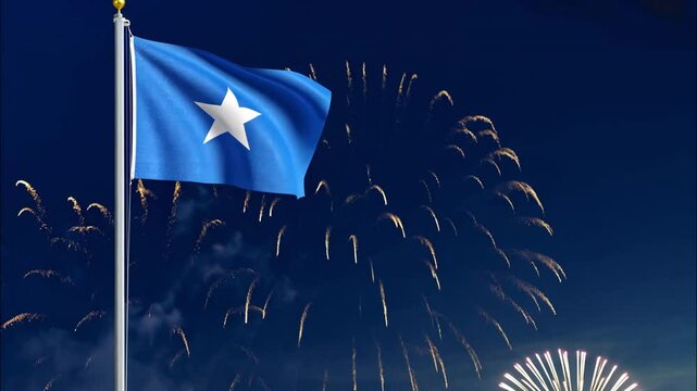 National flag independence state Somalia, background fireworks. AI Generative