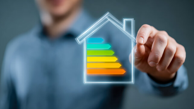 Person holding a neon house icon with energy efficiency rating chart