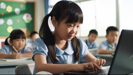 An enthusiastic Asian girl happily interacts with a laptop while learning in a vibrant classroom filled with young classmates. Excitement fills the air as they explore new concepts - Powered by Adobe