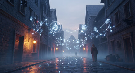 Medieval Town at Twilight with Symbolic Holograms and a Hooded Figure Walking