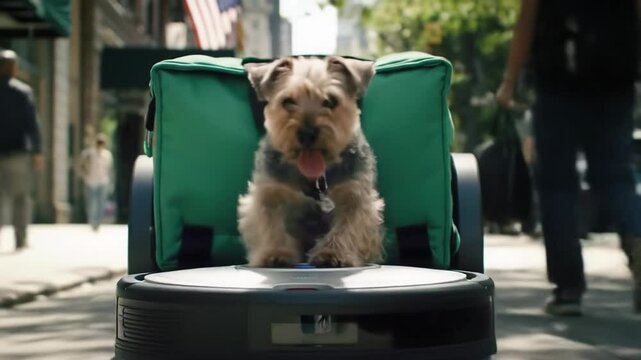 Dog stealing a delivery robot and driving it down the sidewalk