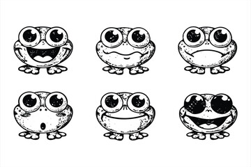 Collection of six cartoon frogs with different emotional expressions isolated on white background, showcasing a range of feelings