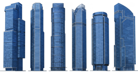 A row of modern blue glass skyscrapers isolated on transparent background