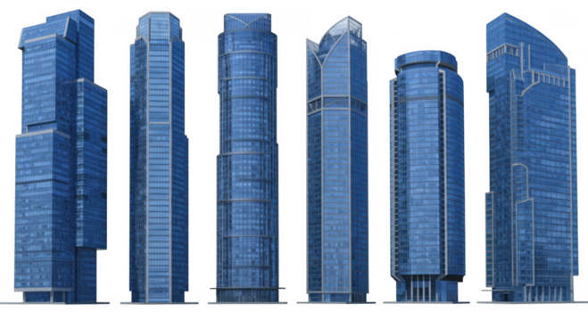 A row of modern blue glass skyscrapers isolated on transparent background
