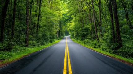 Serene drive through lush green forest canopy on a winding road