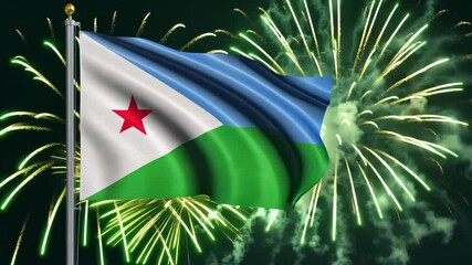 National flag independence state Djibouti, background fireworks. AI Generative
