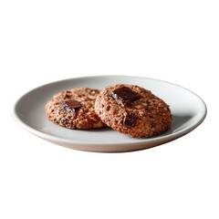 Freshly baked chocolate chip cookies on a white plate. Ideal for dessert lovers and baking enthusiasts, showcasing a delicious treat perfect for any occasion.