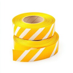 Two rolls of yellow striped tape stacked neatly on white background