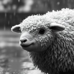 
A black and white photograph depicting the cute and adorable texture of a wet lamb in a rainy landscape.