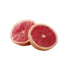 Freshly cut grapefruit slices showcasing vibrant red flesh and juicy texture on a clean, white isolate background.