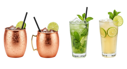 Cocktail PNG bundle featuring Moscow Mule, Mint Julep, Caipirinha, and Gin Rickey with vibrant garnishes on transparent background