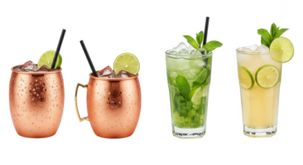 Cocktail PNG bundle featuring Moscow Mule, Mint Julep, Caipirinha, and Gin Rickey with vibrant garnishes on transparent background