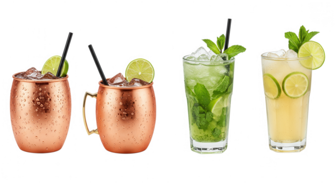 Cocktail PNG bundle featuring Moscow Mule, Mint Julep, Caipirinha, and Gin Rickey with vibrant garnishes on transparent background