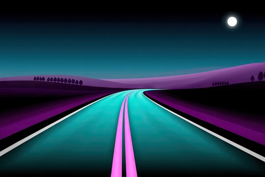 Night road trip, vibrant colors.  Silhouette landscape under a moonlit sky.  Two glowing pink lanes lead into the distance
