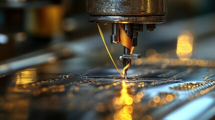 Close-up of industrial sewing machine needle stitching fabric