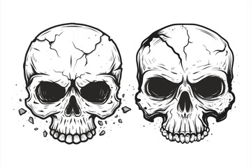 Cracked skull illustrations isolated on white background, depicting a vintage tattoo style with a blend of horror and gothic themes