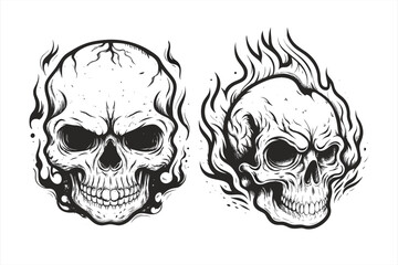 Detailed skull illustrations, one engulfed in flames, isolated on white background, showcasing a blend of horror and vintage tattoo art