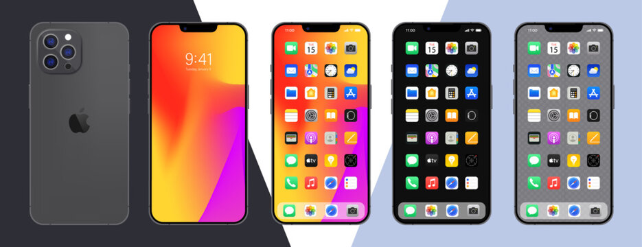 Iphone 14. Apple inc. smartphone with ios 14. Locked screen, phone navigation page, home page with 47 popular apps. Vector illustration EPS10. Editorial