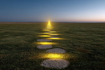 Stone path glowing toward bright horizon on green field at dusk, symbolizing journey, hope, direction, future, and achievement. Copy space