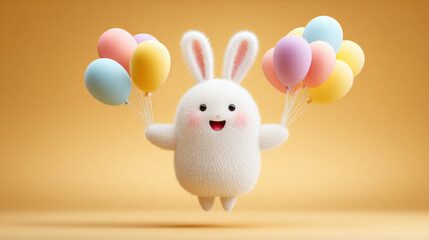 Rabbit cartoon, Cute 3D cartoon rabbit with colorful balloons in a joyful setting.