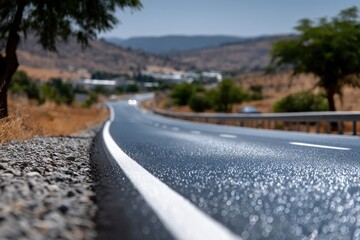 A beautiful winding road surrounded by dry golden fields and gentle hills, creating a striking contrast under the bright blue sky that invites exploration and adventure.