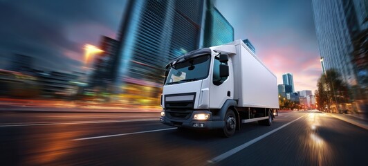 The truck speeding through a vibrant cityscape at dusk with dynamic motion.