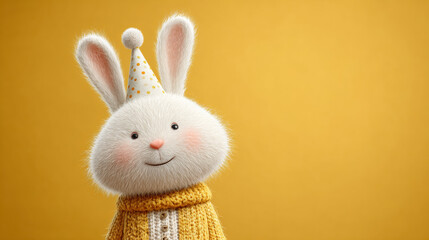Rabbit cartoon, Festive cartoon rabbit wearing a party hat in 3D illustration.