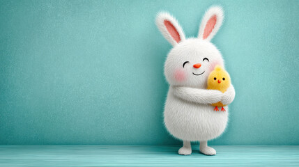 Rabbit cartoon, A cute 3D cartoon rabbit hugging a tiny chick in a charming illustration.