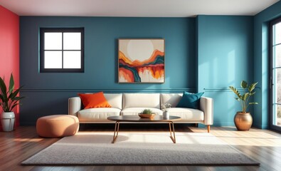 A mockup of a vibrant aesthetic interior design featuring a minimalist sofa a sleek coffee table and a statement artwork inviting viewers to explore a world of stylish living  professional presentatio