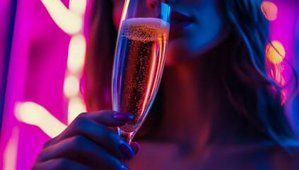 A close-up image of a woman sipping champagne from a glass, surrounded by vibrant neon lights and a vibrant, colorful background, capturing a festive and enchanting atmosphere.