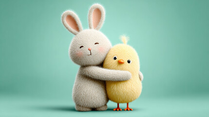 Rabbit cartoon, Cute cartoon rabbit hugging a small chick in a colorful 3D illustration.