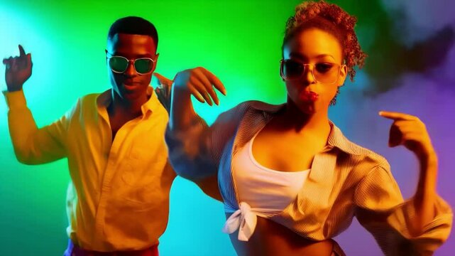 Two people in bright clothes dancing against a colored background. Suitable for advertising entertainment events and active lifestyle.
