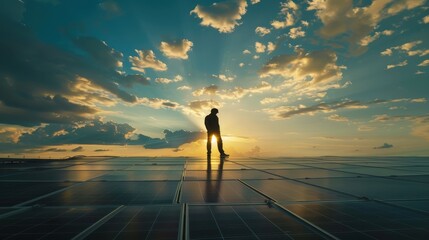 Technology solar cell, Engineer service check installation solar cell on the roof of factory on the morning. Silhouette technician inspection and repair solar cell on the roof of factory.