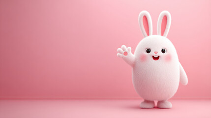 Rabbit cartoon, Friendly cartoon rabbit waving its paw in a colorful 3D illustration.